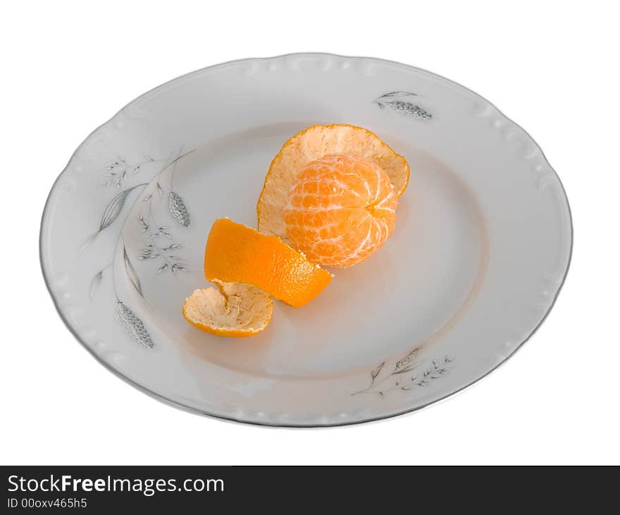 Peeled tangerines on plate isolated on white