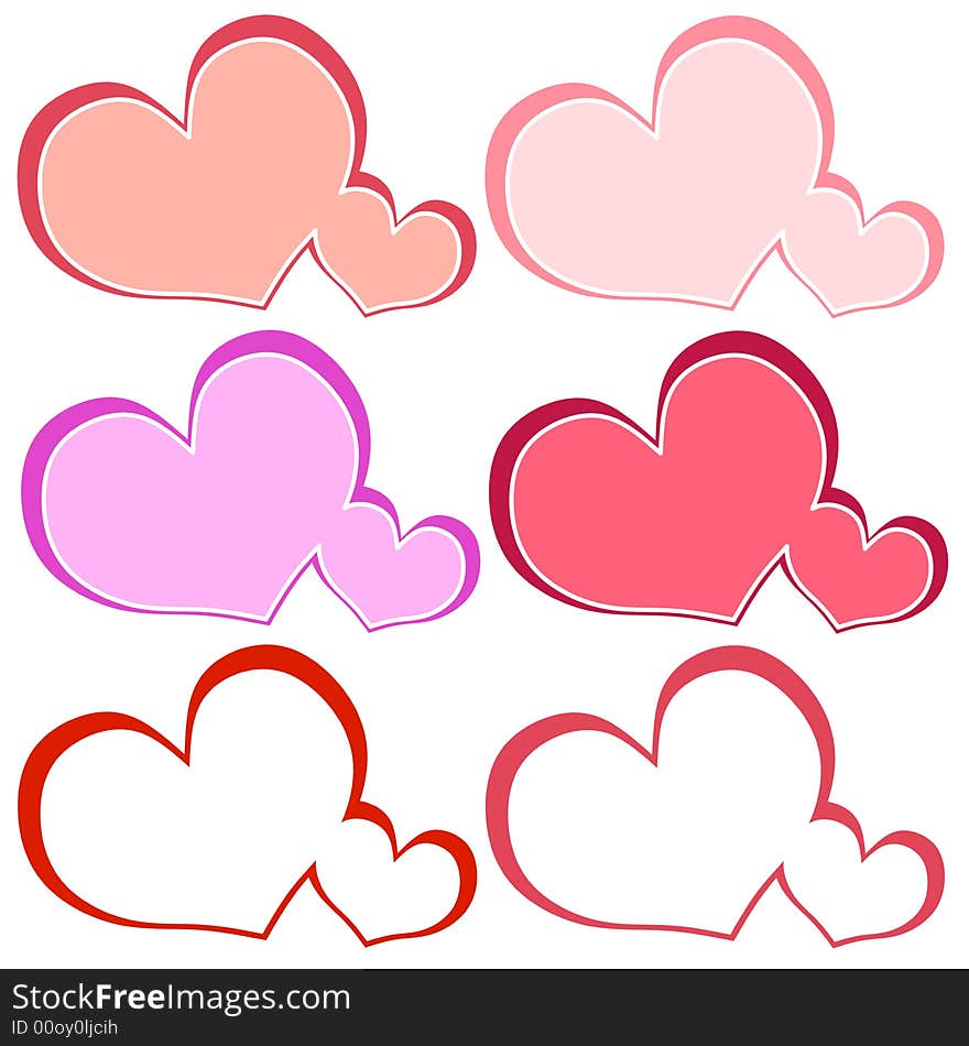 A clip art illustration featuring 6 uniquely coloured Valentine heart shaped logos or labels. A clip art illustration featuring 6 uniquely coloured Valentine heart shaped logos or labels