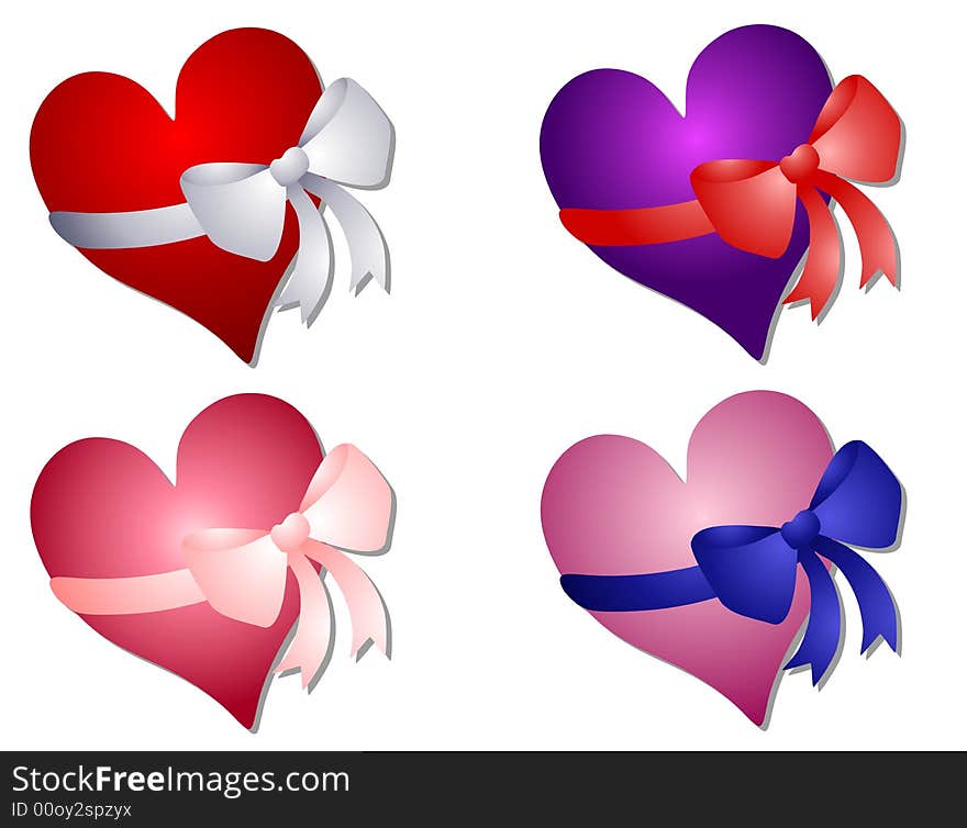 A clip art illustration of your choice of 4 colorful Valentine's Day hearts wrapped in bows