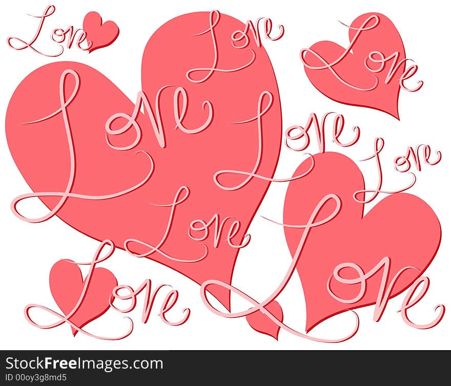 A background illustration featuring the words love handwritten in original font and casually arranged with hearts in pink tones on white. A background illustration featuring the words love handwritten in original font and casually arranged with hearts in pink tones on white