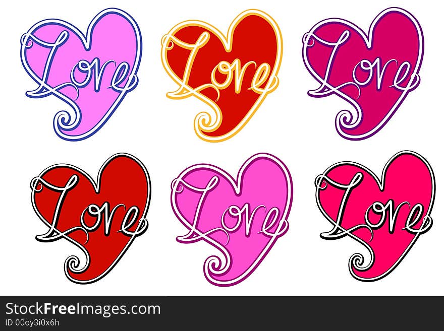 A clip art illustration featuring 6 colorful retro style hearts with the word 'love' handwritten in original font. A clip art illustration featuring 6 colorful retro style hearts with the word 'love' handwritten in original font.