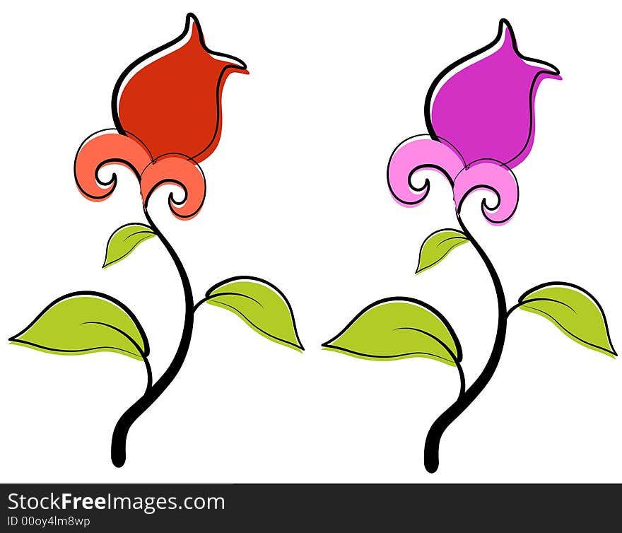 A clip art illustration featuring 2 spring flowers in your choice of red and purple isolated on white. A clip art illustration featuring 2 spring flowers in your choice of red and purple isolated on white