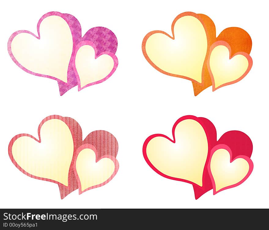 A clip art illustration featuring 4 colorful textured heart designs in purple, gold orange, dark and light pink isolated on white. A clip art illustration featuring 4 colorful textured heart designs in purple, gold orange, dark and light pink isolated on white