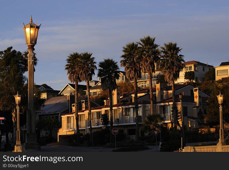 Sunrise on apartments in Capitola, before the street light had gone out. Sunrise on apartments in Capitola, before the street light had gone out