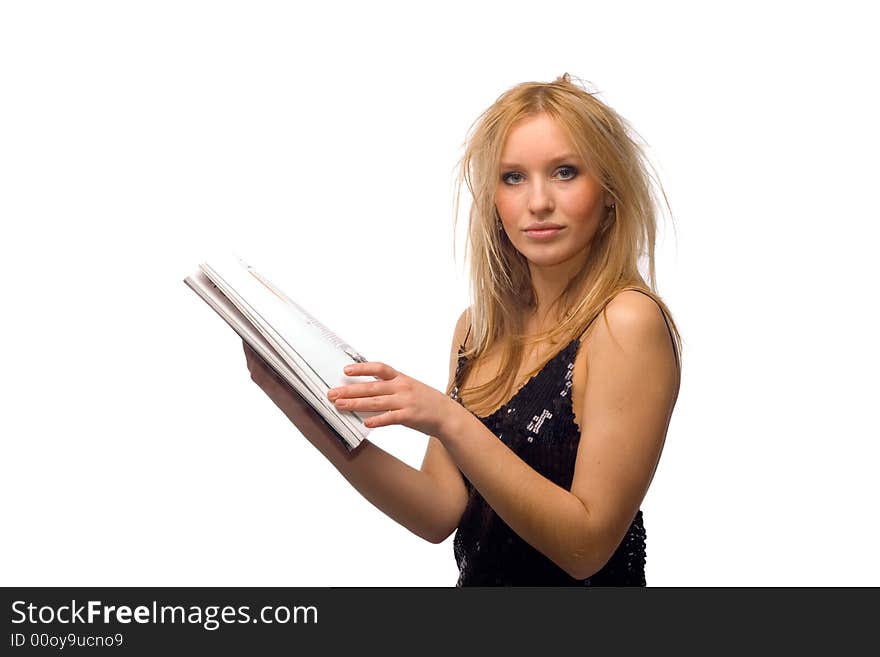 Portrait of a beautiful young blond girl with magazine, isolated on white. Portrait of a beautiful young blond girl with magazine, isolated on white