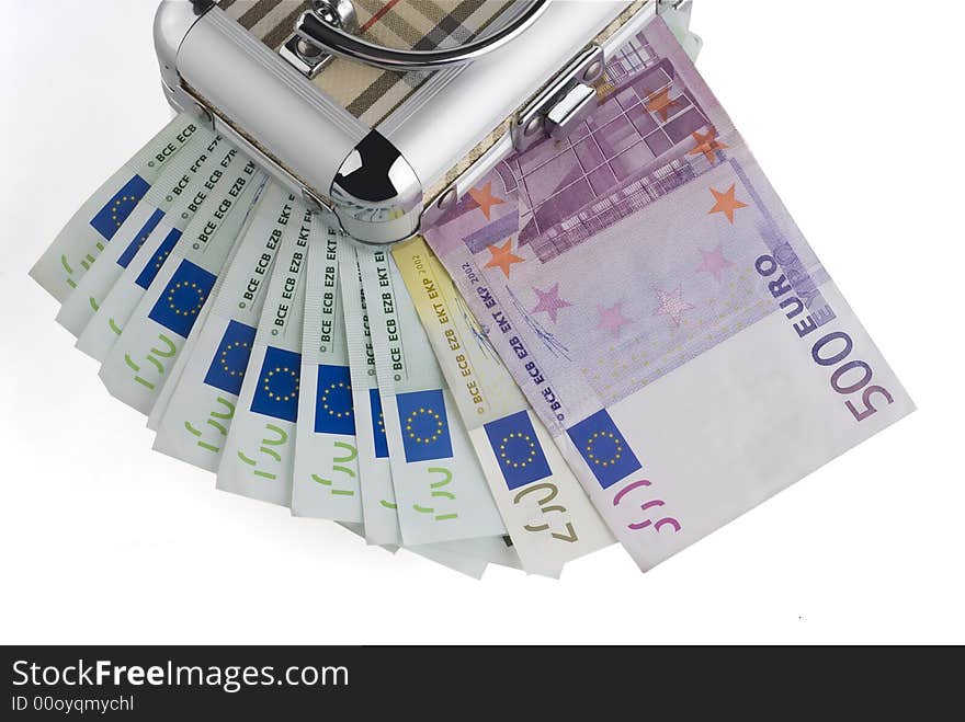 Euro one hundred bills in a box on a white background. Euro one hundred bills in a box on a white background.