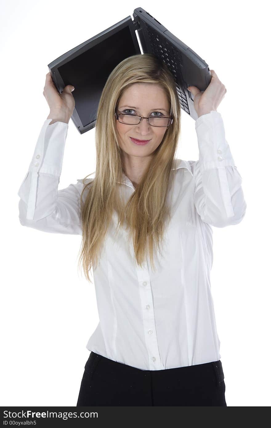 Business woman and laptop on white background