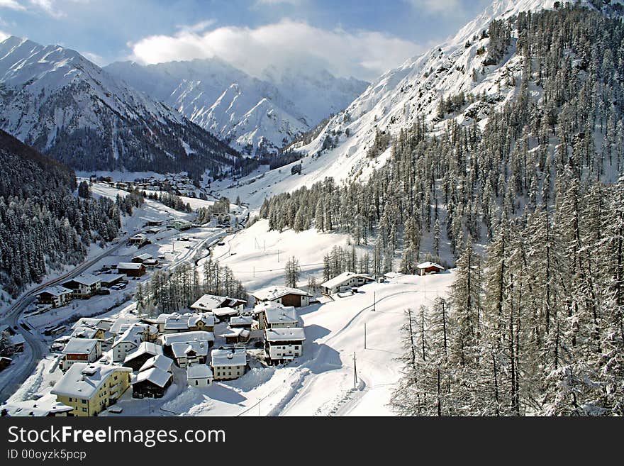 Little swiss valley between high mountains. Little swiss valley between high mountains