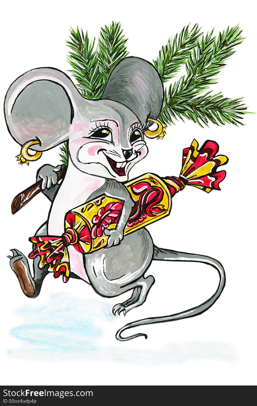 The mouse with a sweet and a fur-tree branch. The mouse with a sweet and a fur-tree branch