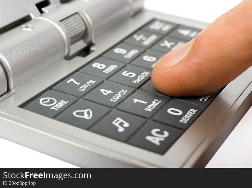 Hand and calculator, isolated on white, business background