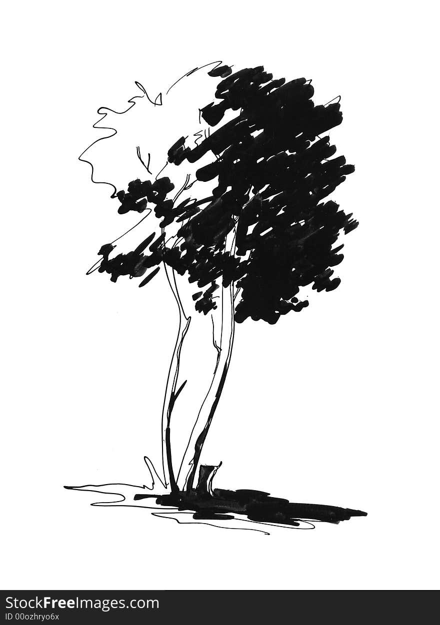 Sketch of lonely tree black and white illustration