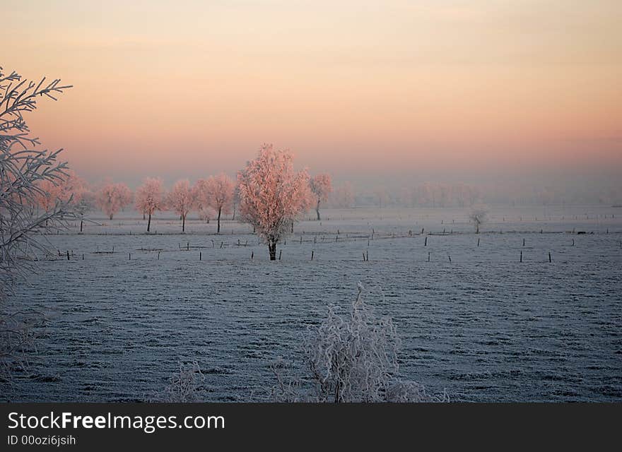 Sunrise over a winter landscape in the north of Belgium (region Antwerp)