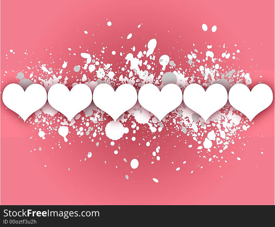 Pink background with paint splatter in white and gray with white hearts. Pink background with paint splatter in white and gray with white hearts.