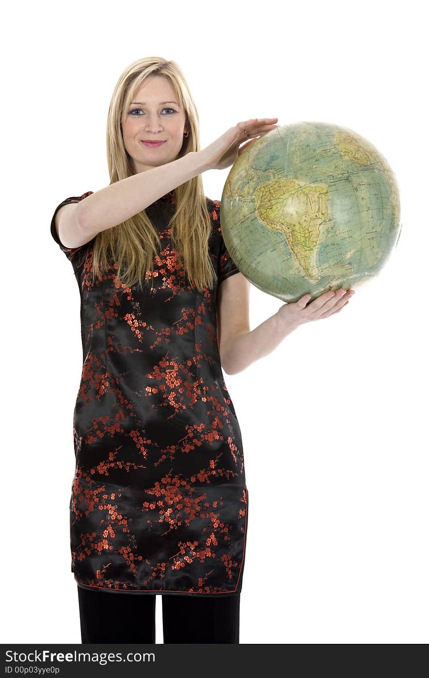 Young woman with  globe