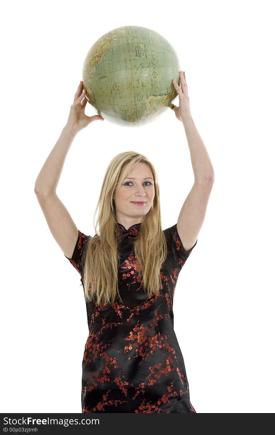 Young woman with  globe