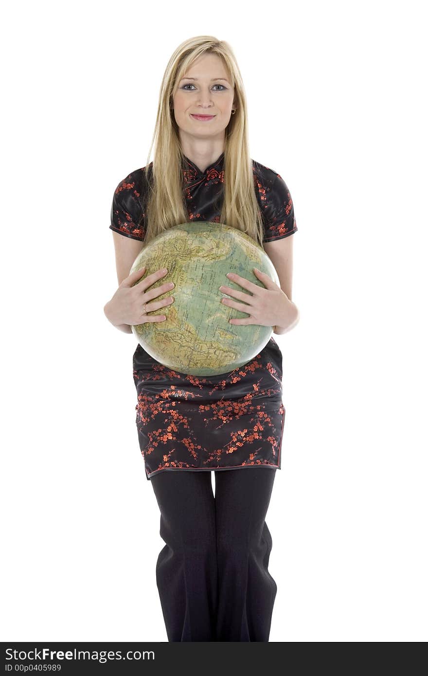 Young woman with  globe