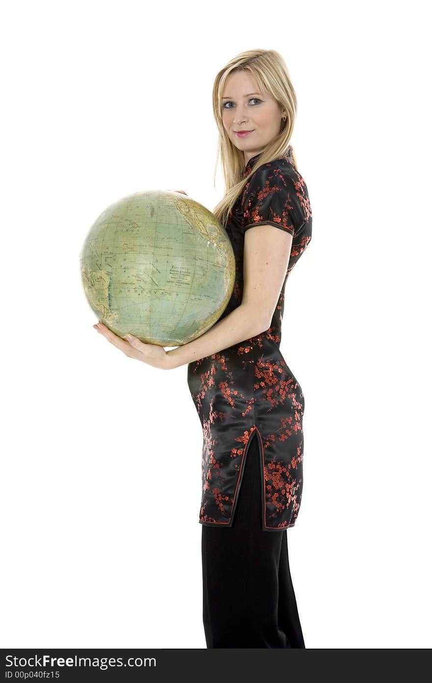 Young woman with  globe