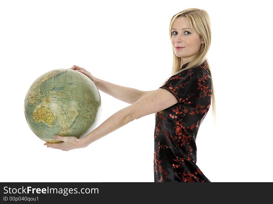 Young woman with  globe