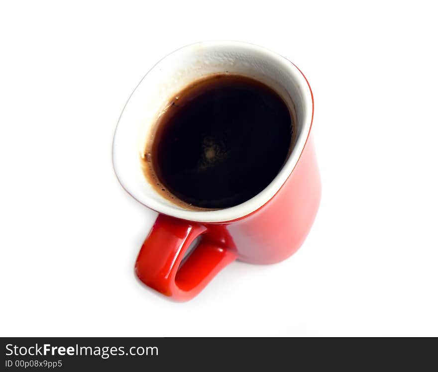 Black coffee in red cup on white background