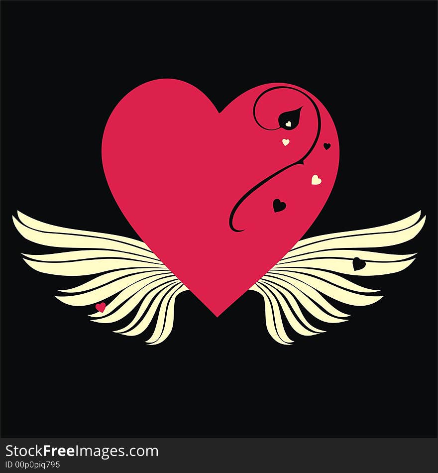 Red heart with wings on black background