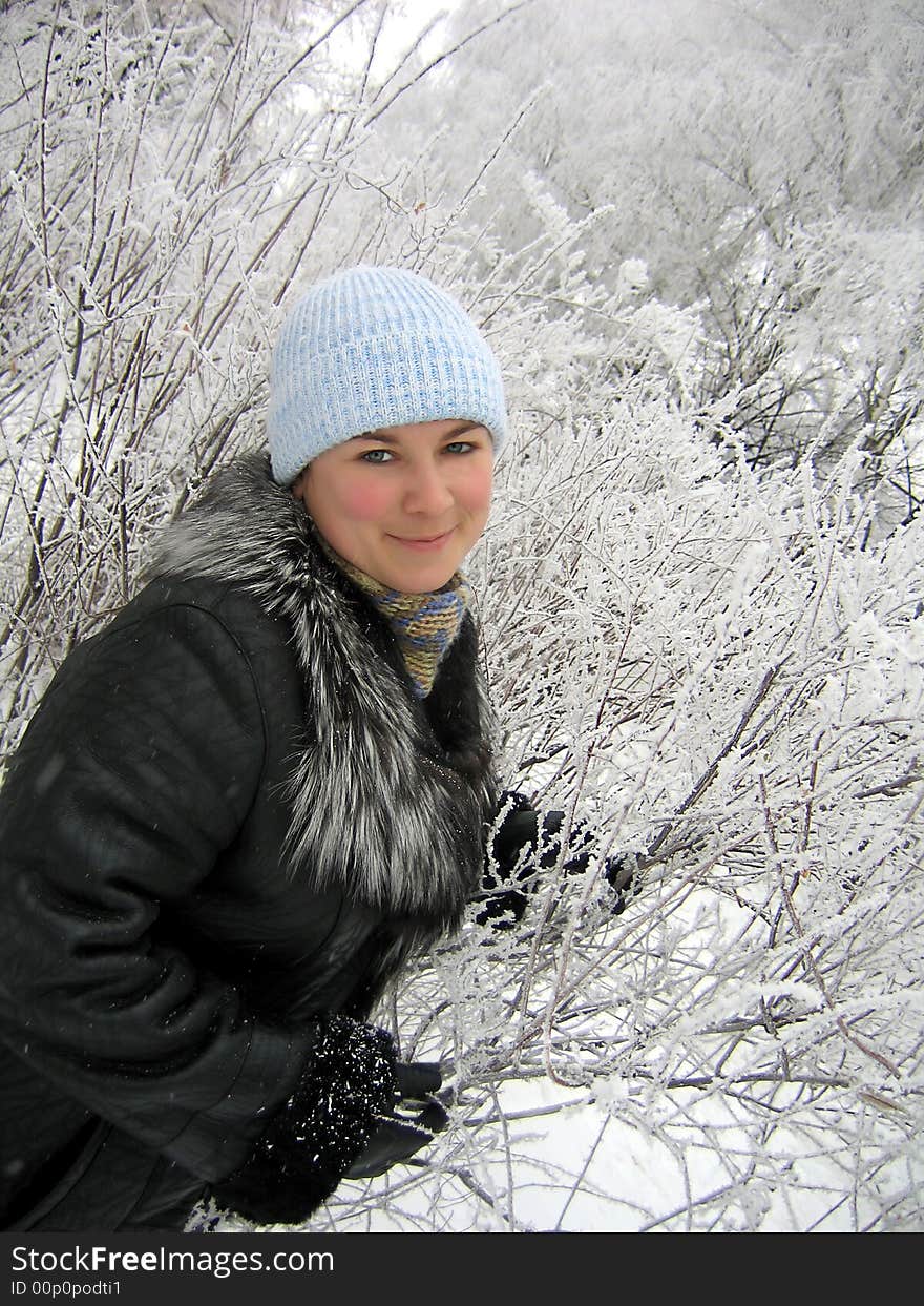 Girl in winter frozen forest. Girl in winter frozen forest