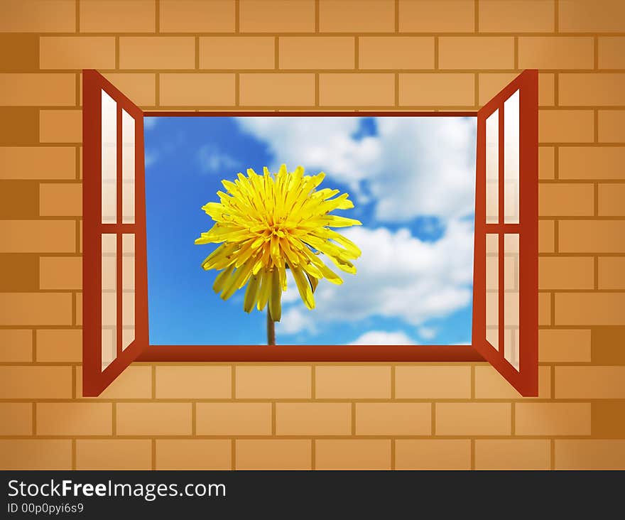 Window with dandelion. brick wall