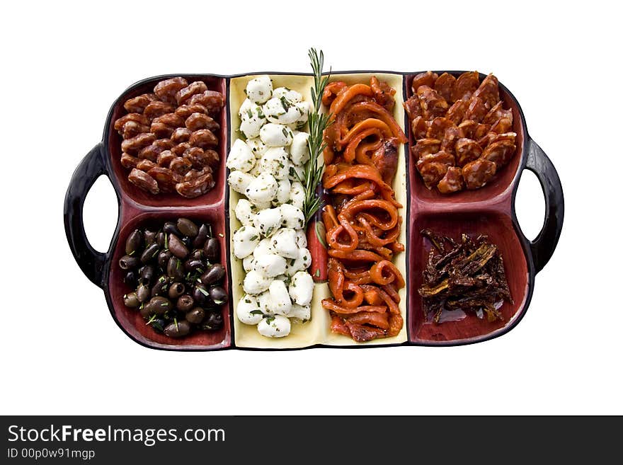 Food tray of 6 antipasto items. Food tray of 6 antipasto items