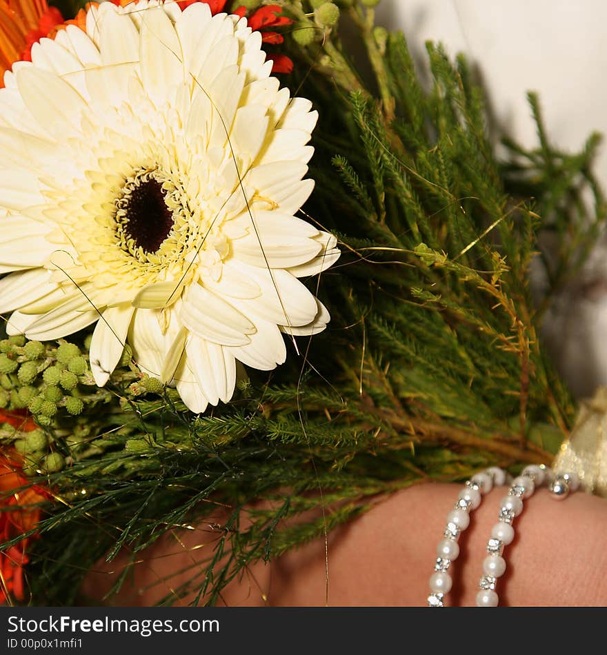 Close-up of Bride holding bouquet