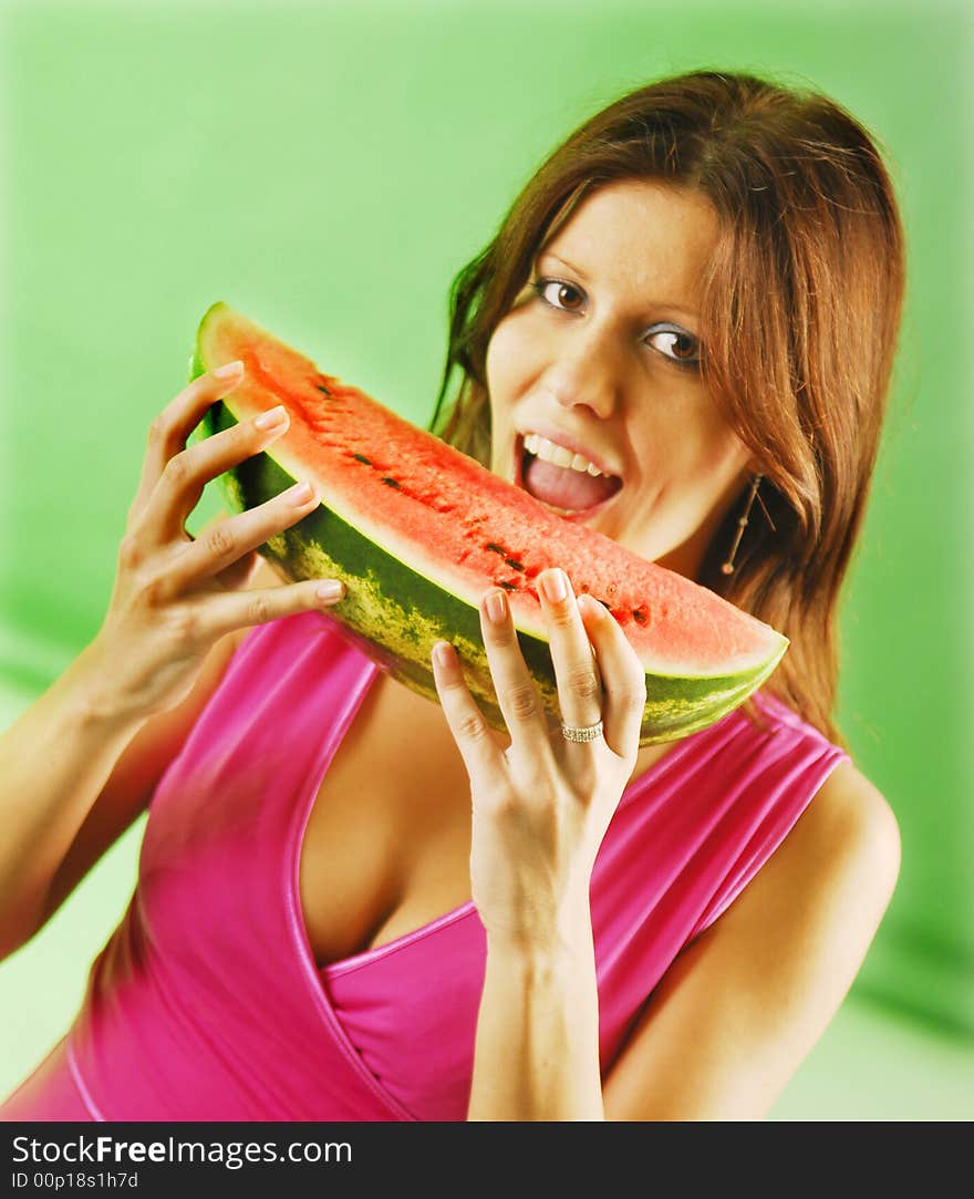 A young woman with a watermelon