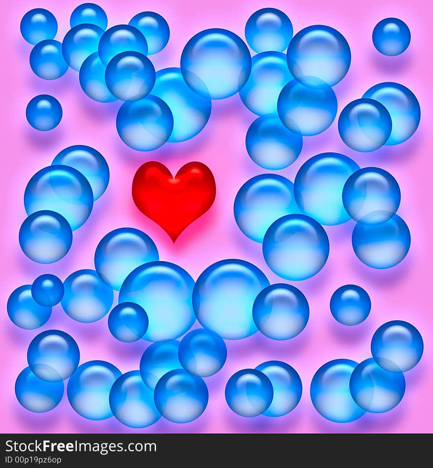 Red valentine heart and scattered  blue balloons. Red valentine heart and scattered  blue balloons