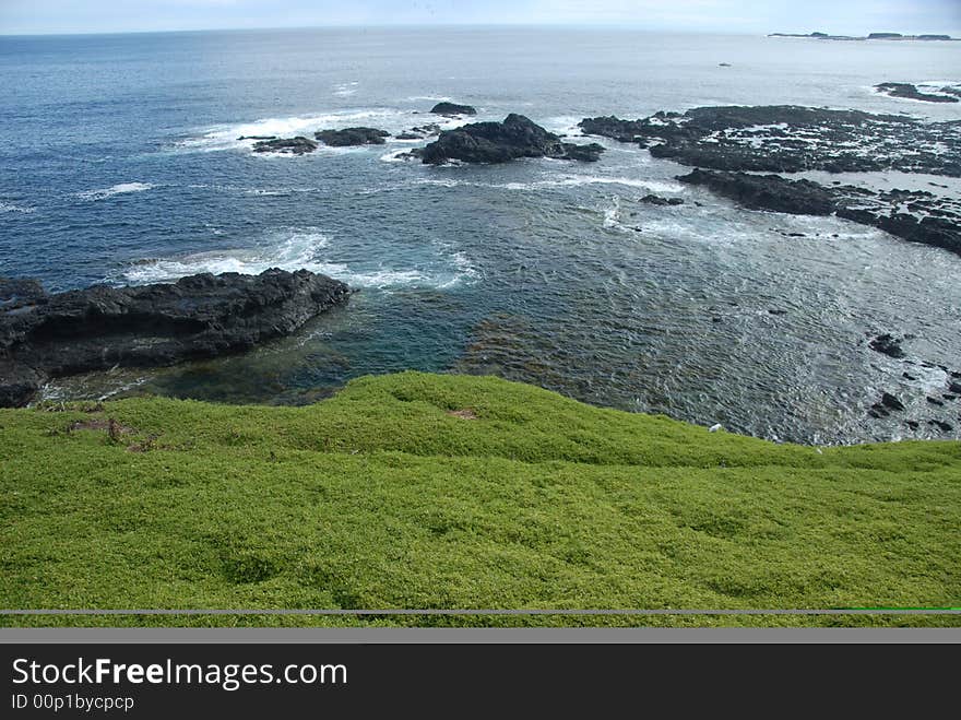 Phillip Island of Victroria coast showing green grass and well polish black stone and waves. Phillip Island of Victroria coast showing green grass and well polish black stone and waves