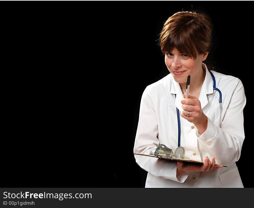 Attractive young lady doctor in white coat with stethosope lecturing a patient - on black background. Attractive young lady doctor in white coat with stethosope lecturing a patient - on black background