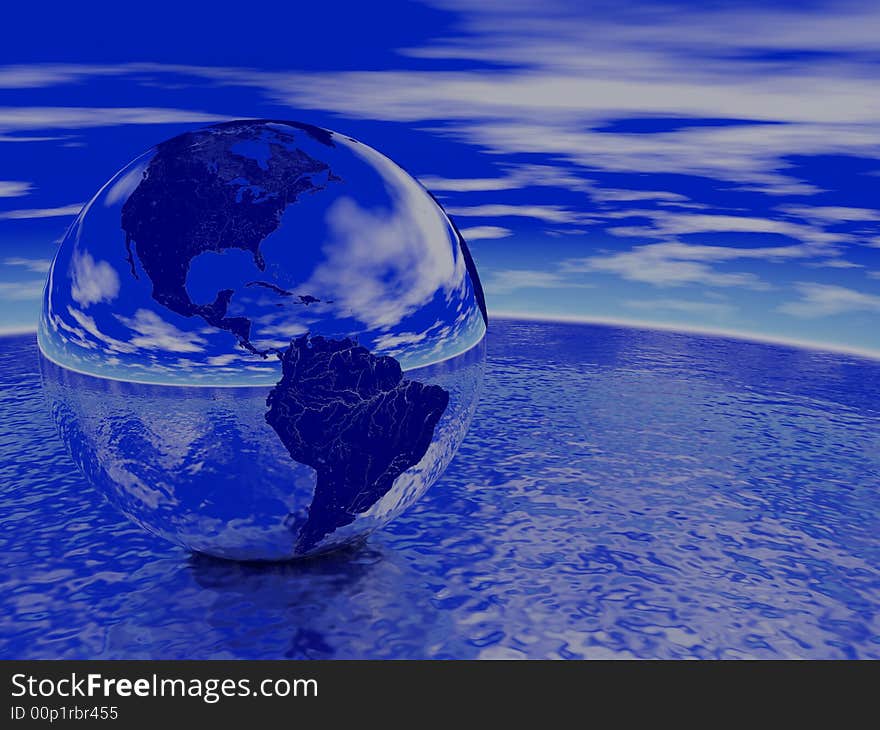 Globe reflecting ocean and sky. Render. Globe reflecting ocean and sky. Render