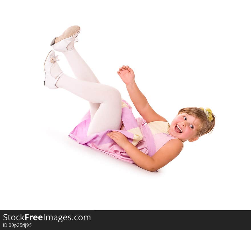 Laughing child kid on floor isolated on white. Laughing child kid on floor isolated on white