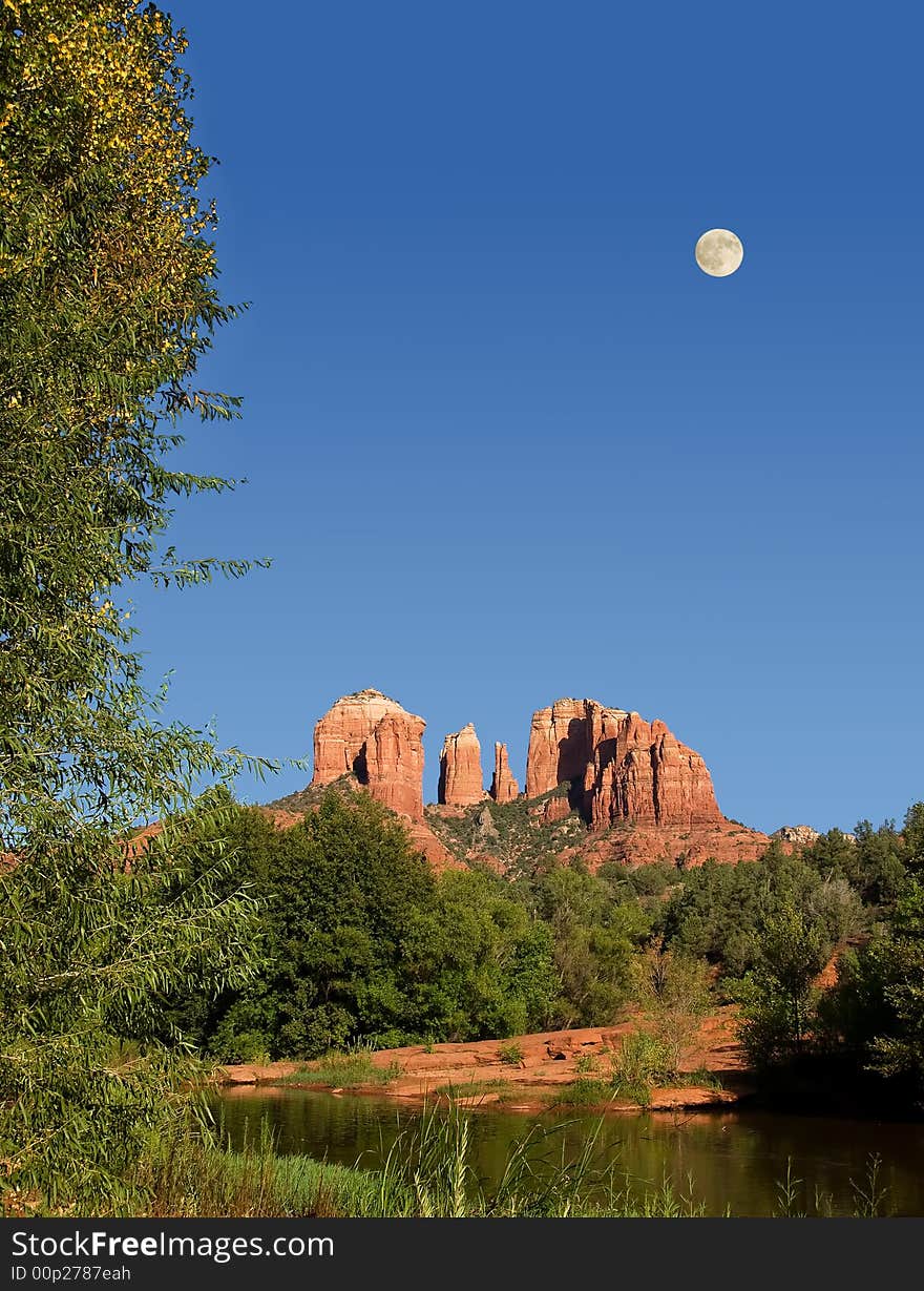 Cathedral Rocks with Moon rising