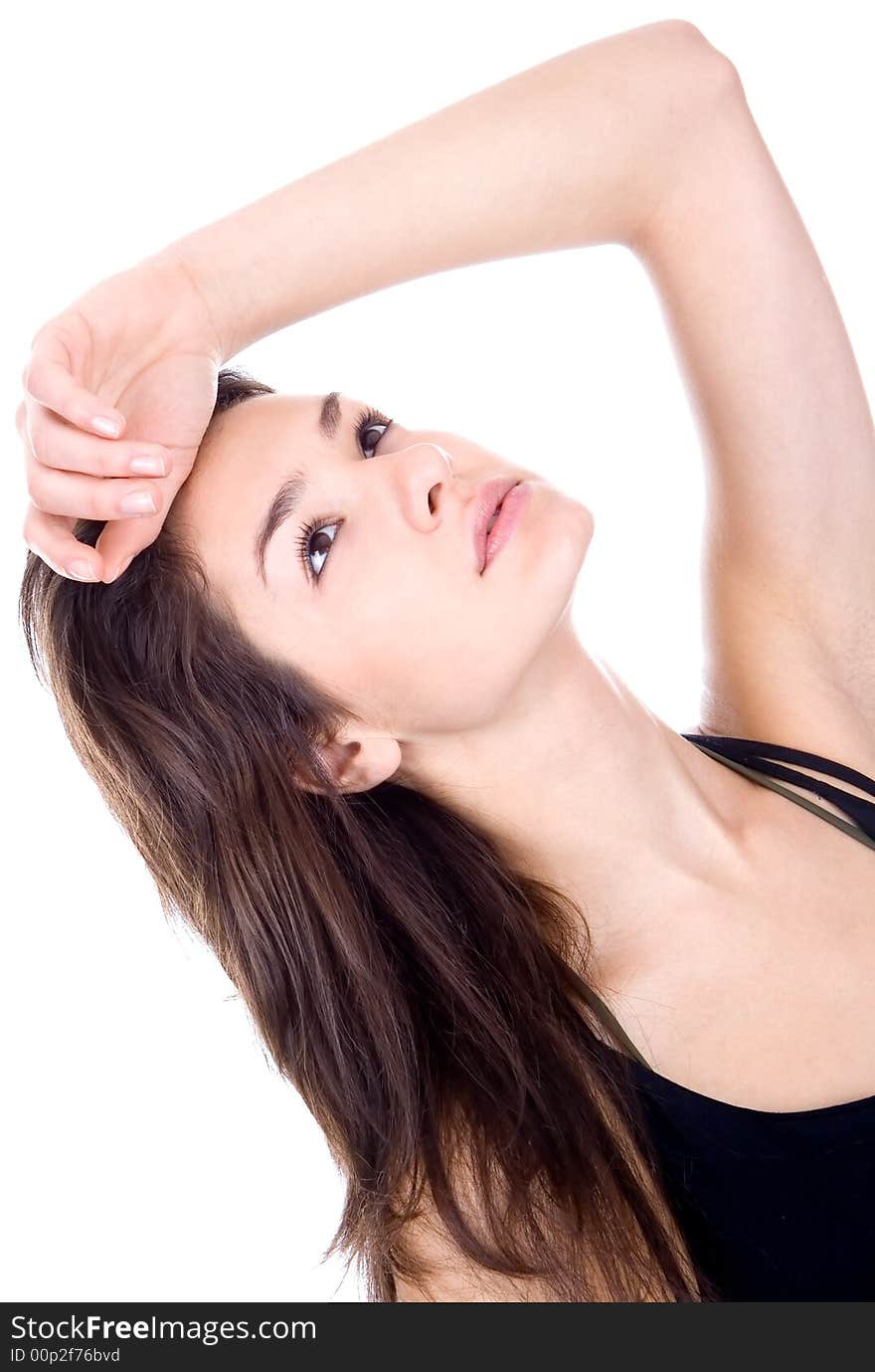 Beautiful elegance brunette looking up. Beautiful elegance brunette looking up