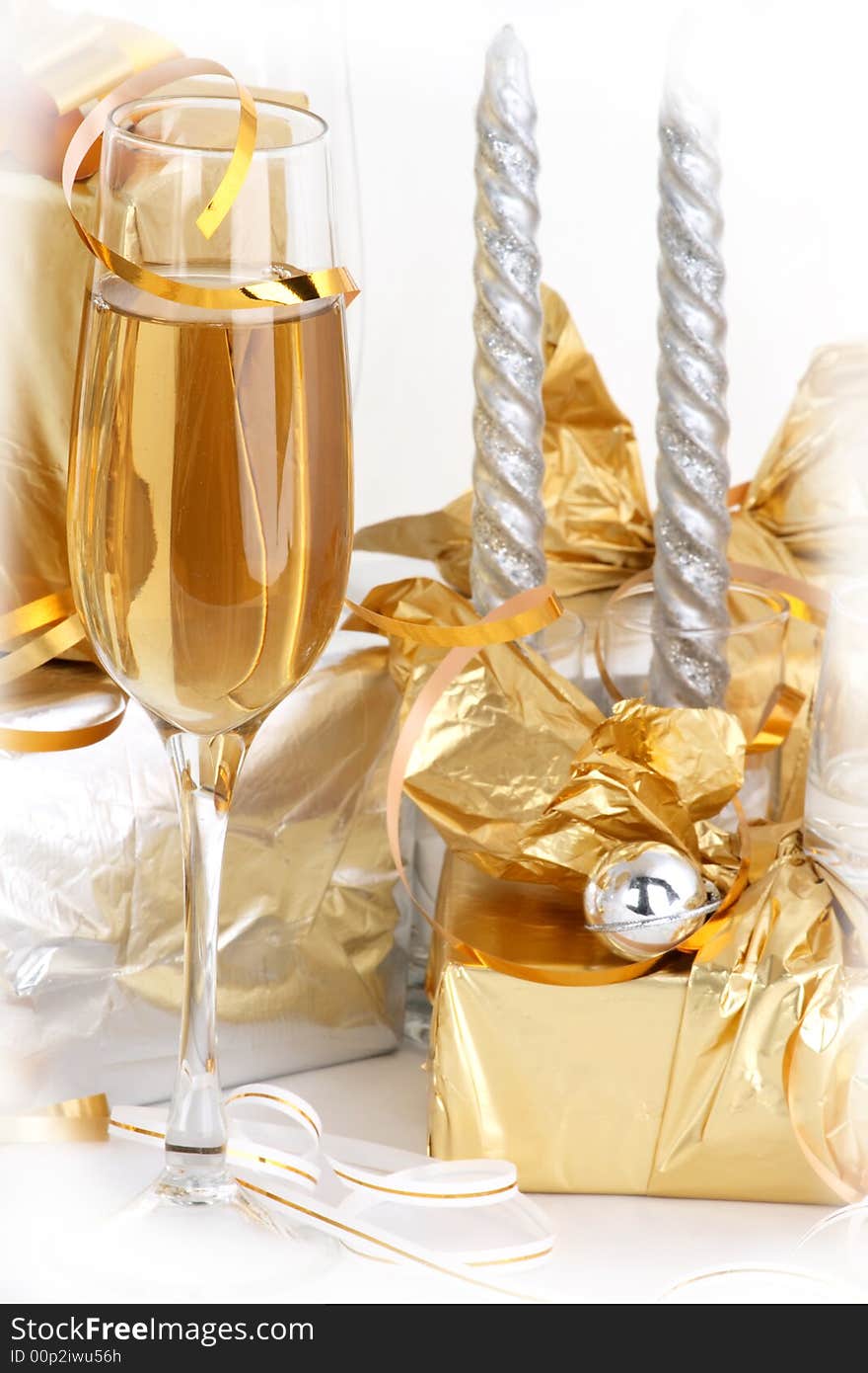 Glasses of champagne , gifts