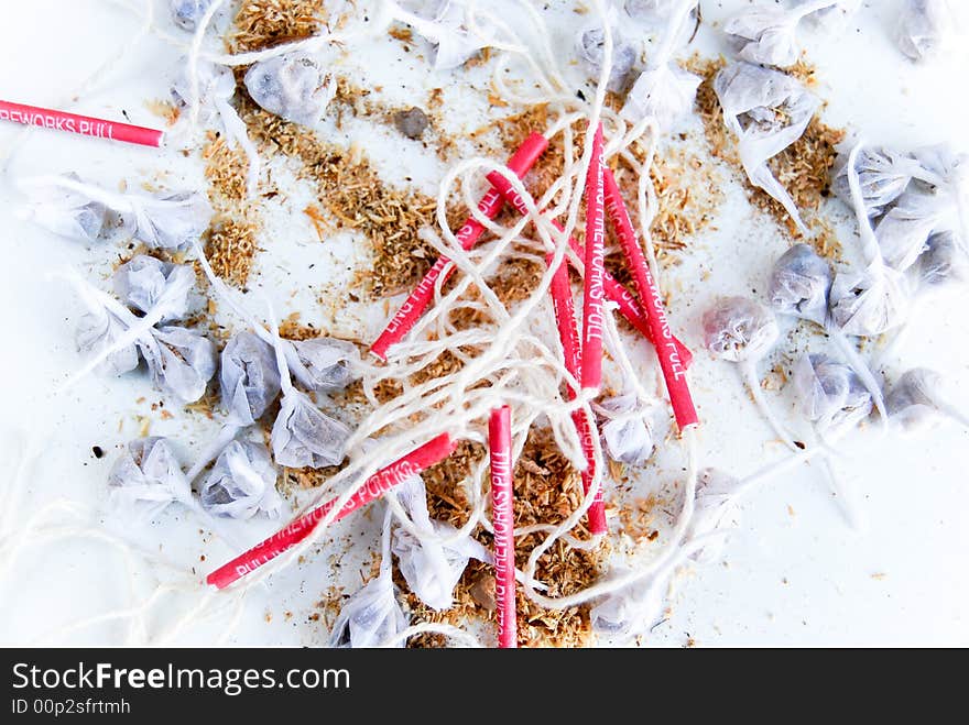 Children fireworks small bombs and pulling rope isolated on white