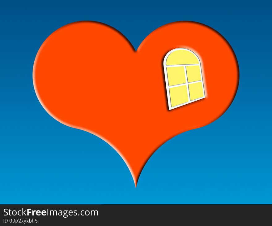 Red heart with window on a blue background