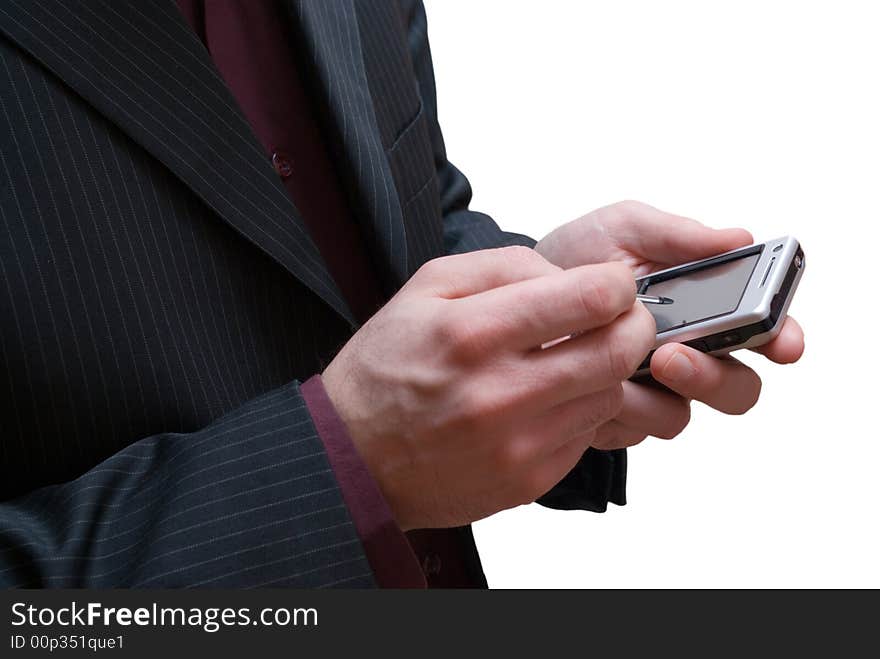 Male hands and cellphone on white