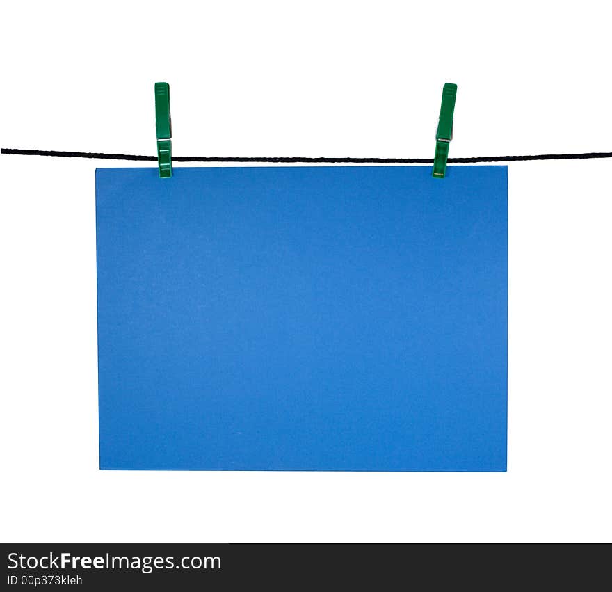 Blue blank sheet on clothes-line for your notice, isolated on white