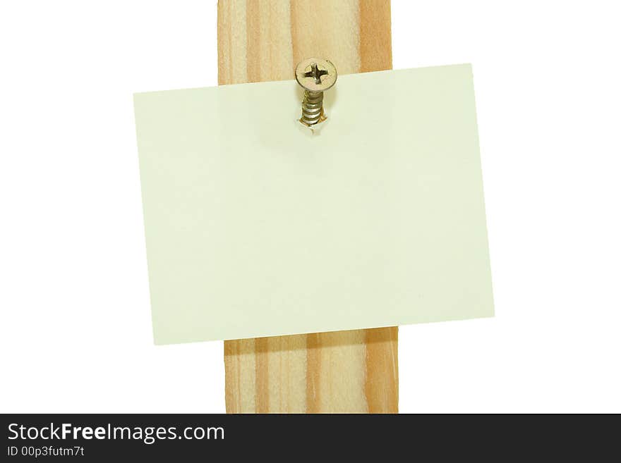 Piece of paper hang on wood screw: space for your text. Piece of paper hang on wood screw: space for your text