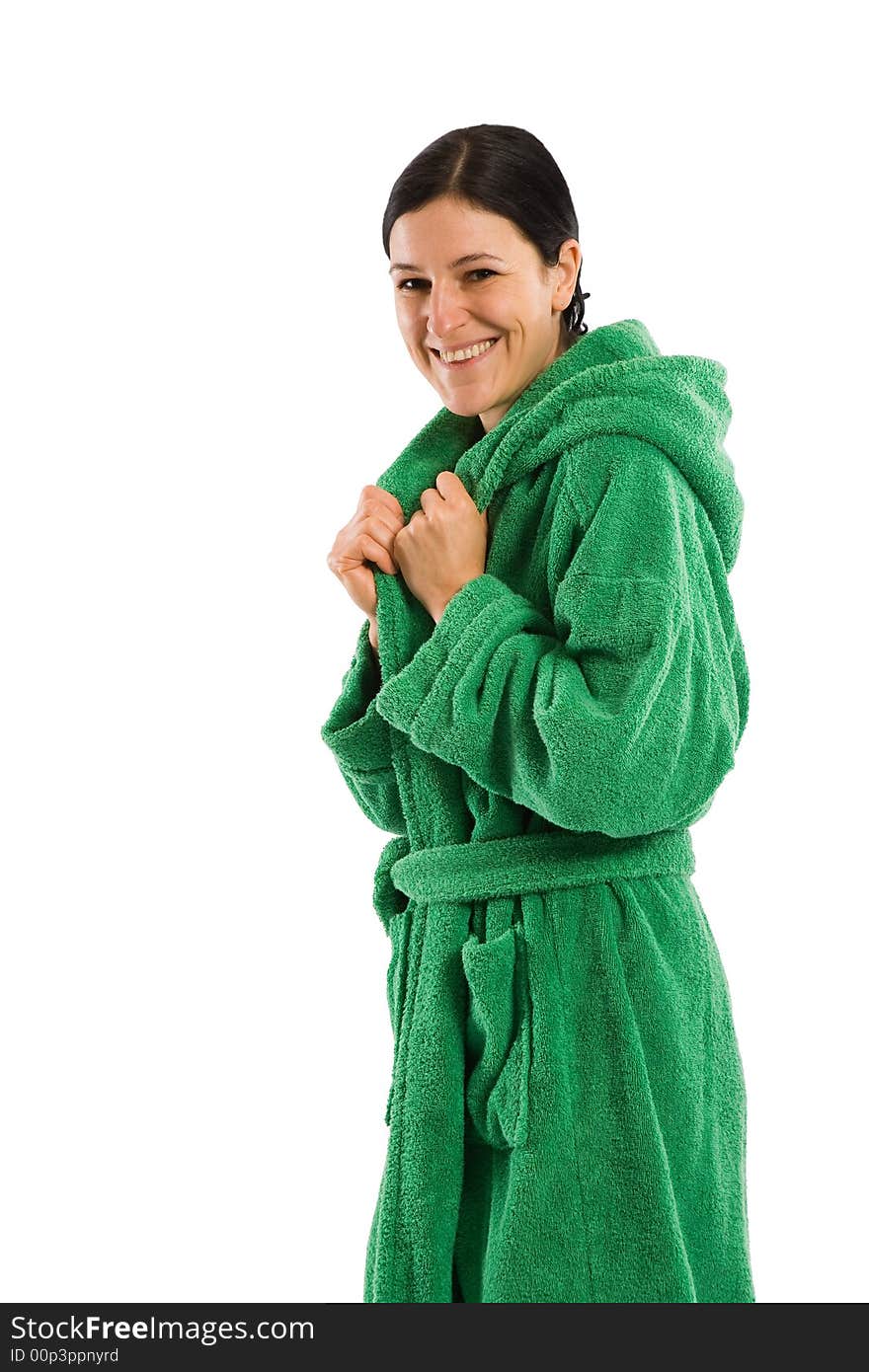 Nice smiling woman with green bathrobe. Isolated on white. Nice smiling woman with green bathrobe. Isolated on white.