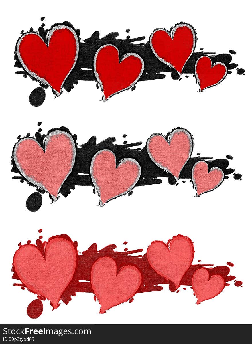 A clip art illustration featuring 3 grunge effect Valentine hearts with splattered ink in black, red and pink. A clip art illustration featuring 3 grunge effect Valentine hearts with splattered ink in black, red and pink