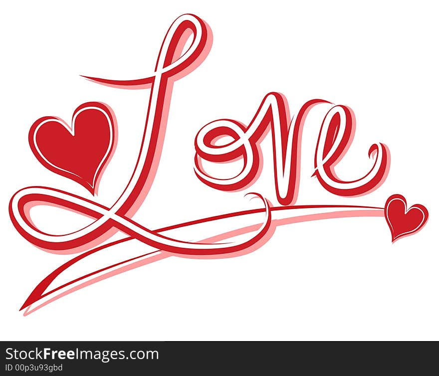 A clip art illustration featuring the word 'Love' in decorative original font with red and white outline and hearts. A clip art illustration featuring the word 'Love' in decorative original font with red and white outline and hearts