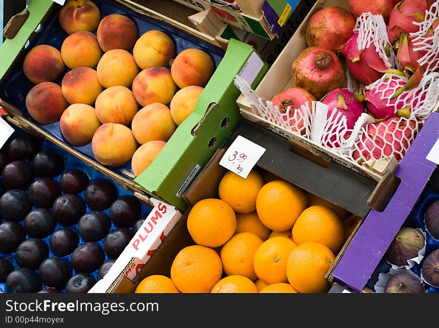 Different fruits stored in boxes. Different fruits stored in boxes