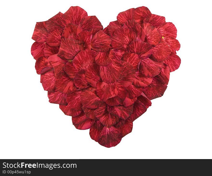 Heart shape made of red rose petals isolated on white. Heart shape made of red rose petals isolated on white