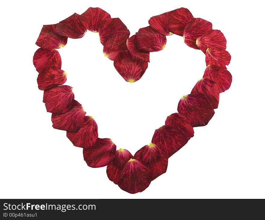 Heart shape made of red rose petals isolated on white. Heart shape made of red rose petals isolated on white