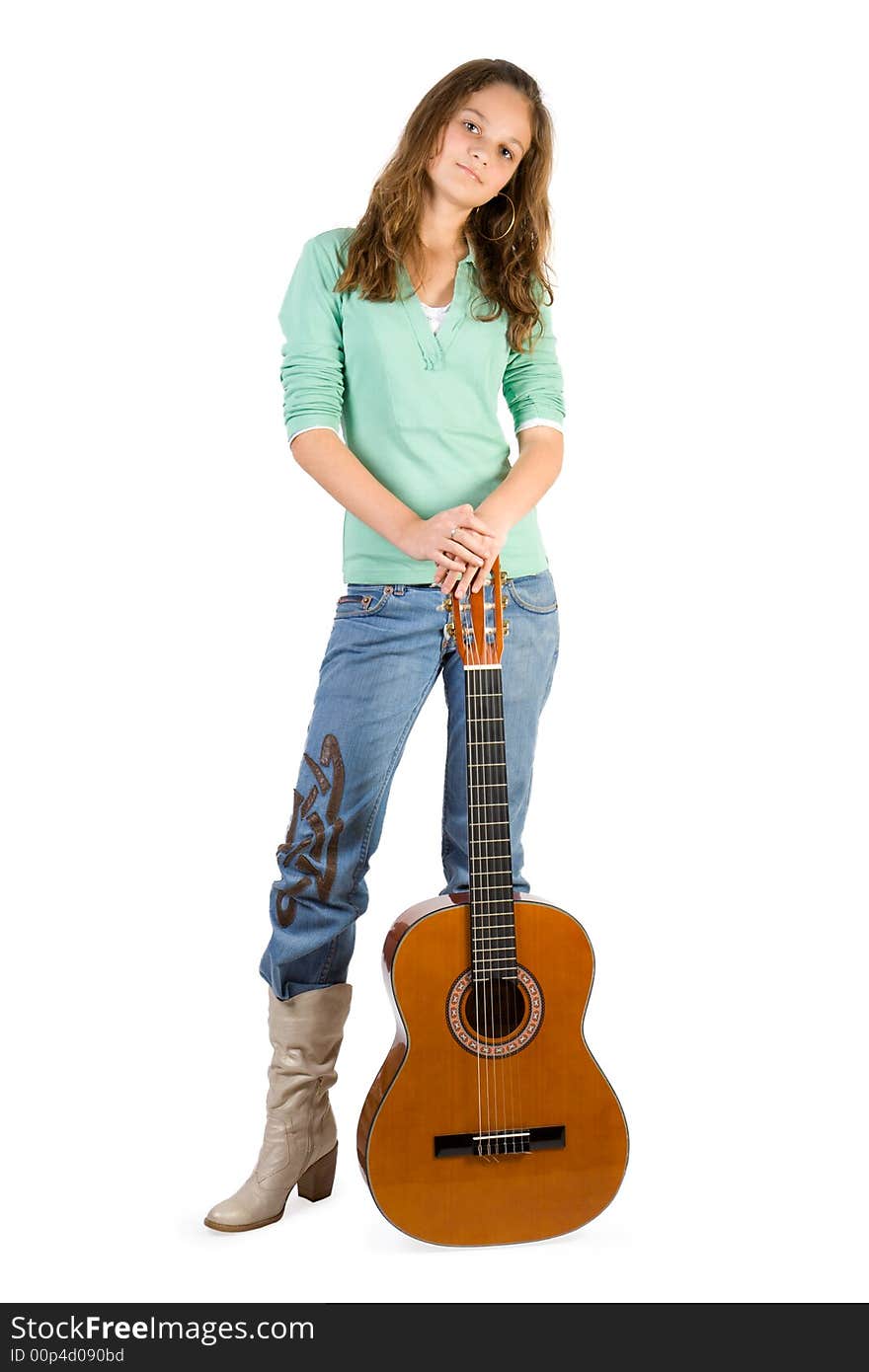 Young girl with guitar. Isolate on white.