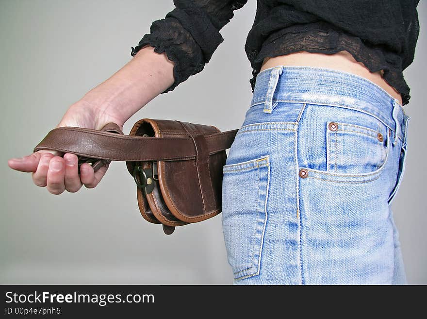 Series: woman posing with money belt bag. Series: woman posing with money belt bag